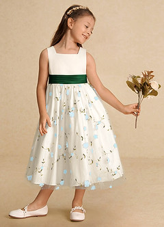 Azazie Pollie Flower Girl Dresses Sky Blue Dark Green A-Line Bow Tulle Dress image4