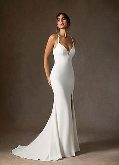 Azazie Iden Wedding Dresses Diamond White Champagne Mermaid V-Neck Stretch Crepe Dress image4
