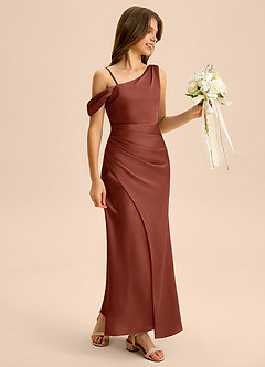 Azazie Madelyn Junior Osłona Zza ramienia Satyna elastyczna Długość podłogi Młodsza druhna Sukienka image6