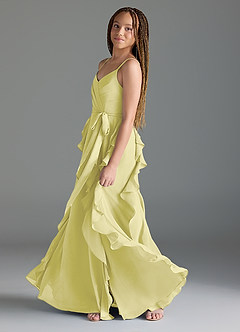 Azazie Peyton Junior Vestido de Sorbete De Limón de Gasa de Corte En A con Volantes en cascada Cuello en V image4