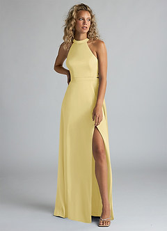 Azazie Clarice Bridesmaid Dresses Lemon Sorbet A-Line High Neck Stretch Satin Dress image5