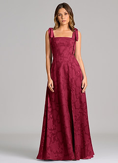 Azazie Debra Bridesmaid Dresses Burgundy A-Line with Pockets Floral Burnout Dress image4