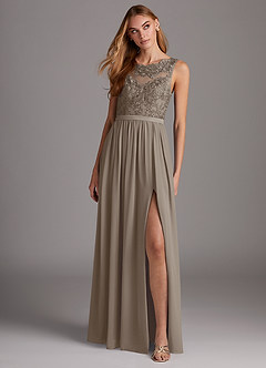 Azazie Elly Bridesmaid Dresses Taupe A-Line Lace Scoop Neck Chiffon Dress image3