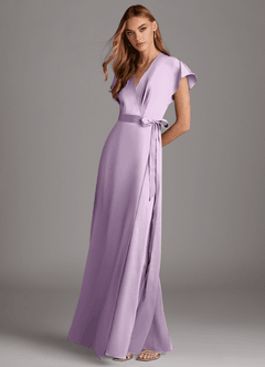 Azazie Nico At-home Try On Dresses Agave A-Line V-Neck Stretch Satin Dress image4