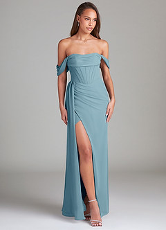 Azazie Amyra Jurken voor bruidsmeisjes Converteerbaar Jurk van Chiffon met Kolom Off the Shoulder Mystiek Blauw image4