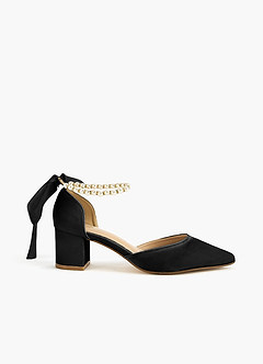 front Satin Pearl and Bow Pointed Toe Block Heels
