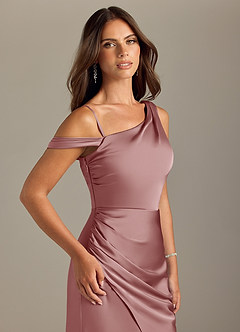 Azazie Madelyn Jurken voor bruidsmeisjes Converteerbaar Jurk van Stretch Satijn met Zeemeermin Off the Shoulder Stoffige Roos image6