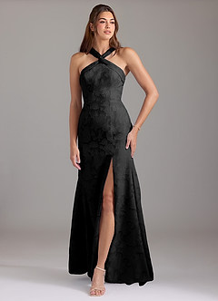Azazie Rue Bridesmaid Dresses Black A-Line Pleated Floral Burnout Dress image1