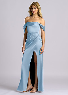 Azazie Auden Bridesmaid Dresses Powder Blue Sheath Off the Shoulder Stretch Satin Convertible Dress image4