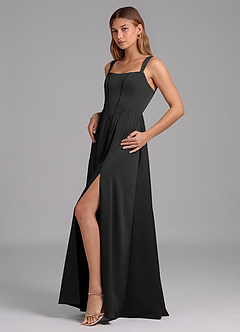 Azazie Rosaline Bridesmaid Dresses Black A-Line Side Slit Stretch Satin Dress image5