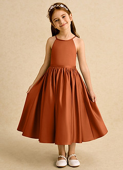 Azazie Indi Robe Demoiselle D'honneur Fillette Robe Trapèze en Mat Satiné Arc Orange Brûlée image5
