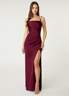 Azazie Desi Robes de demoiselle d'honneur Robe Fourreau en Satin extensible Corset dos nu Mûre image1
