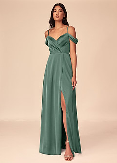 Azazie Ocean Bridesmaid Dresses Eucalyptus A-Line V-Neck Pleated Stretch Satin Dress image1