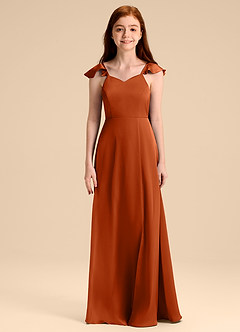 Azazie Everett Junior Abito A-Line in Raso Elasticizzato Fiocco Arancia Bruciata image6