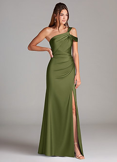 Azazie Wynter Robes de demoiselle d'honneur Robe Fourreau en Satin extensible Épaule décolletée Olive image4