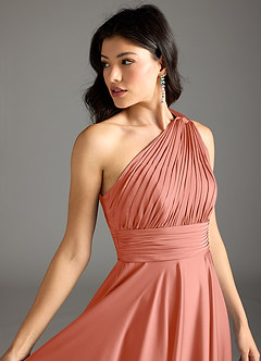 Azazie Charlize Bridesmaid Dresses Salmon Pink A-Line One Shoulder Stretch Satin Dress image7