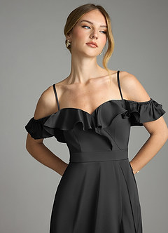 Azazie Lyra Bridesmaid Dresses Black A-Line Off the Shoulder Stretch Satin Convertible Dress image11