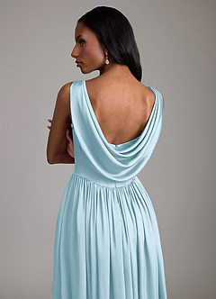 Azazie Novi At-home Try On Dresses Sky Blue A-Line with Pockets Stretch Satin Dress image4