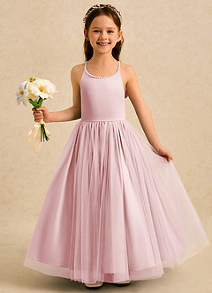 Azazie Aurora Abiti da Ragazza di Fiori Abito A-Line in Tulle Fiocco Rosa Cipria image3