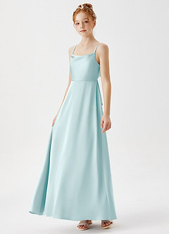 Azazie Shale Junior Sea Glass A-Line Stretch Satin Dress image2