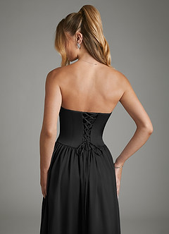 Azazie Arden At-home Try On Dresses Black A-Line Corset Stretch Satin Dress image6