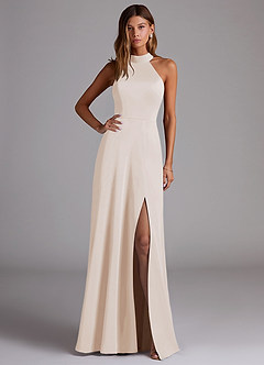 Azazie Myra Bridesmaid Dresses White Alabaster A-Line Side Slit Stretch Satin Dress image1