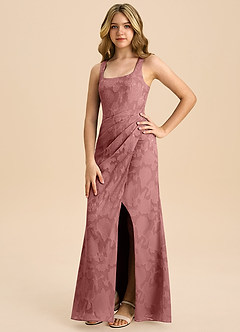 Azazie Mero Junior Vestido de Rosa Polvorienta de Devorado Floral de Corte Recto con Plisado image5