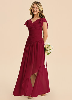 Azazie Pia Junior Burgundy A-Line Pleated Chiffon Dress image7