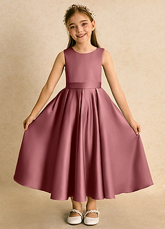 Azazie Junebuj Flower Girl Dresses Amethyst Ball-Gown Pleated Matte Satin Dress image4