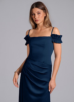 Azazie Kalysia Bridesmaid Dresses Dark Navy Mermaid Off the Shoulder Stretch Satin Convertible Dress image5