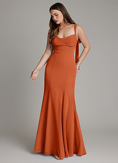 Azazie Carlotta Vestidos de damas de honor Vestido Naranja Quemada de Gasa de Corte Sirena con Escote corazón image5