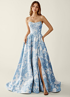 Allegra Blå Blommig Jacquard Omlott A-linjeformad Balklänning image3