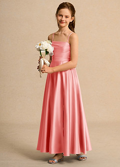 Azazie Pebbles Junior Formal Flower Girl Dresses Coral A-Line Pleated Matte Satin Dress image5