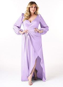 Azazie Mel Bridesmaid Dresses Lilac Sheath Long Sleeve Stretch Satin Dress image7