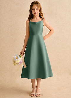 Azazie Jaella Girls Formal Flower Girl Dresses Eucalyptus A-Line Pleated Matte Satin Dress image5