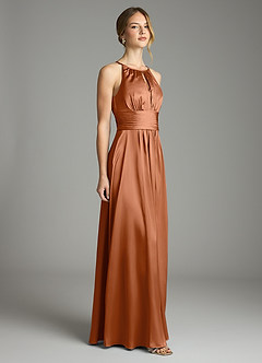 Azazie Bonnie Bridesmaid Dresses Copper A-Line Pleated Stretch Satin Dress image4