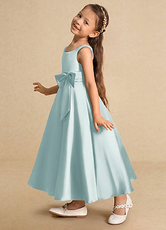 Azazie Lindy Flower Girl Dresses Sea Glass A-Line Pleated Matte Satin Dress image8