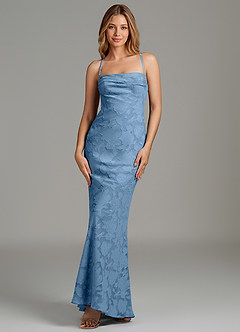 Azazie Ola Vestidos de damas de honor Vestido de Azul Acero de Devorado Floral de Corte Sirena con Corsé image4