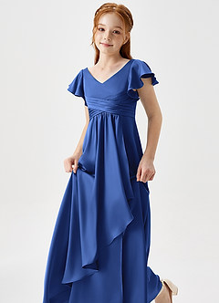 Azazie Omari Junior Royal Blue A-Line Pleated Stretch Satin Dress image6