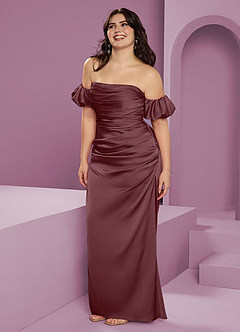 Barbie ♥ Azazie Bridesmaid Dresses Sangria Sheath Off the Shoulder Stretch Satin Convertible Dress image14
