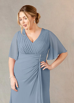 Azazie Carson Mother of the Bride Dresses Dusty Blue A-Line V-Neck Lace Chiffon Dress image10