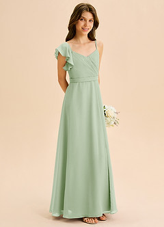 Azazie Kelsea Junior Abito A-Line in Chiffon Increspato Verde Salvia image5