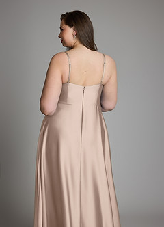 Azazie Amani At-home Try On Dresses Dusty Blue A-Line Pleated Stretch Satin Dress image12