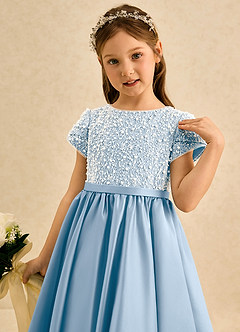 Azazie Cashew Blumenmädchenkleider Ballkleid mit ärmel Matte Satin Kleid Puderblau image6