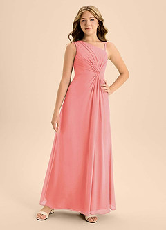 Azazie Brooke Junior Robe Trapèze en Mousseline de soie Fente Latérale Corail image4