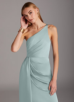 Azazie Mika Vestidos de damas de honor Vestido de Vidrio Marino de Satén Elástico de Corte Recto con Hombro unilateral image6