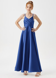 Azazie Avelina Junior A-Linie Plissee Stretch-Satin Kleid Königsblau image3