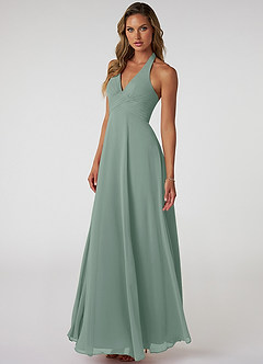 Azazie Tessie Robes à essayer chez vous Robe Trapèze en Mousseline de soie Col V plissé Matcha image3