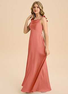 Azazie Gumdrop Junior Salmon Pink Empire Pleated Stretch Satin Dress image5