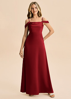 Azazie Lettie Junior A-Linie Schulterfrei Stretch-Satin Kleid Granatapfelrot image4